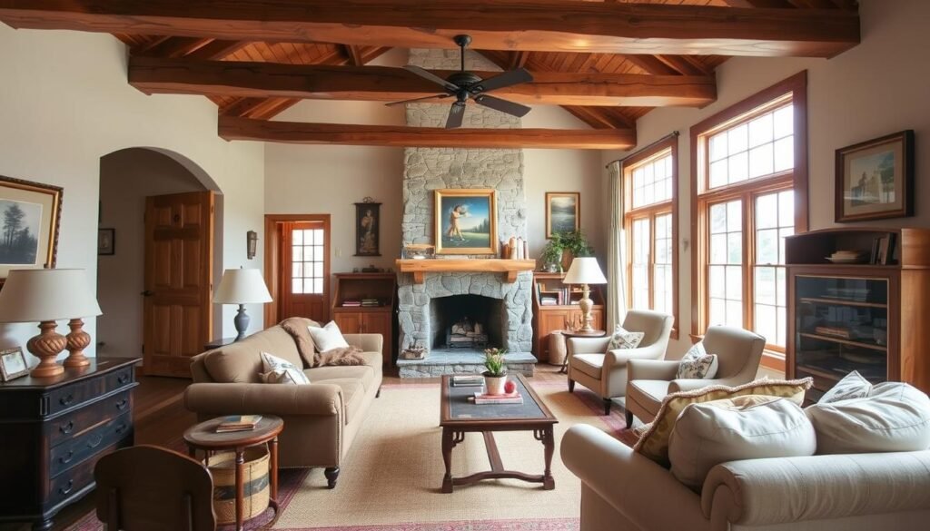 living room rustic wood beams