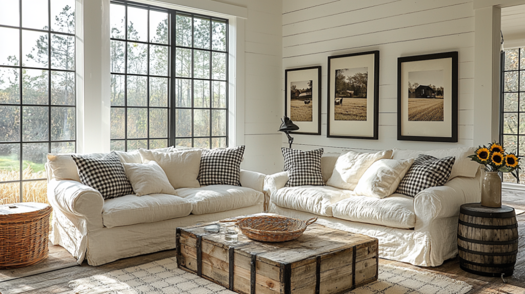 black and white farmhouse living room example