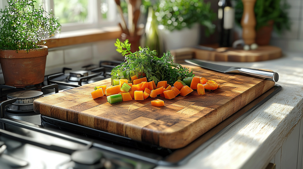 Cutting board in a tiny kitchen over a stove burners