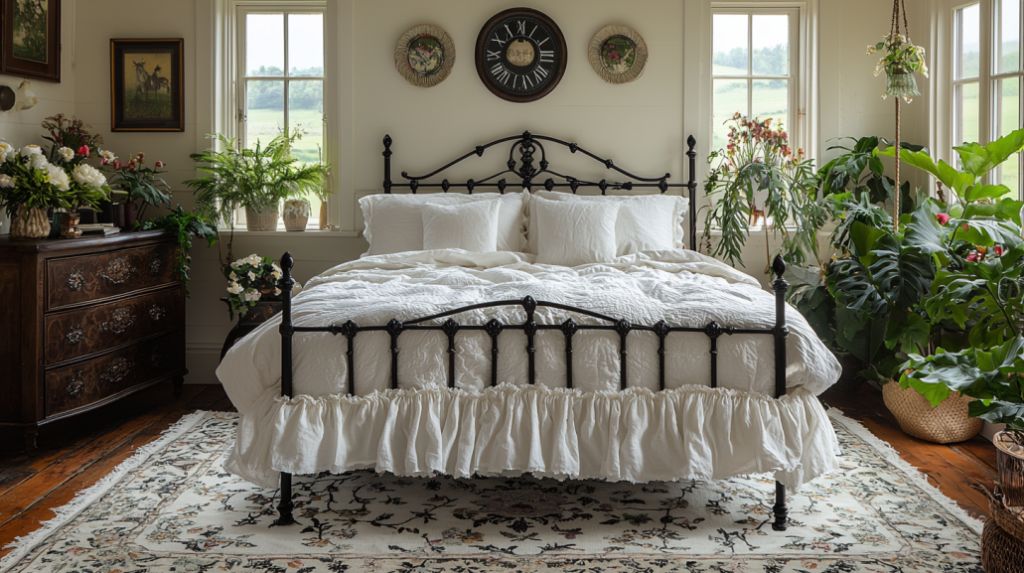 vintage wrought iron bed with vintage decor