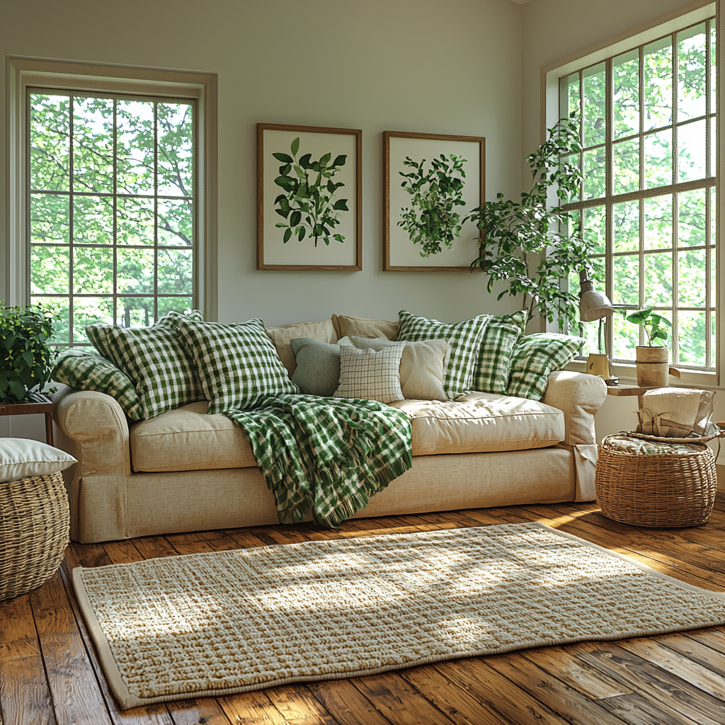 green and white farmhouse living room