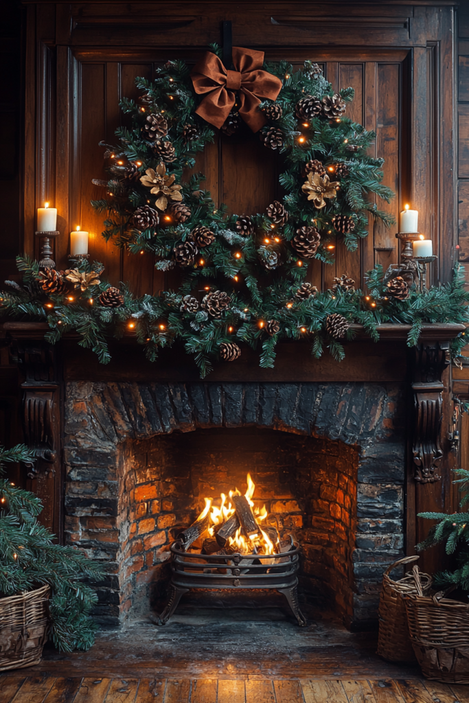 pine cones and evergreen garland