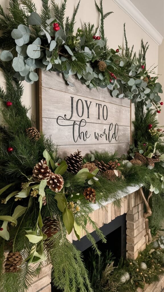 joy to the world fireplace mantel with fresh greenery