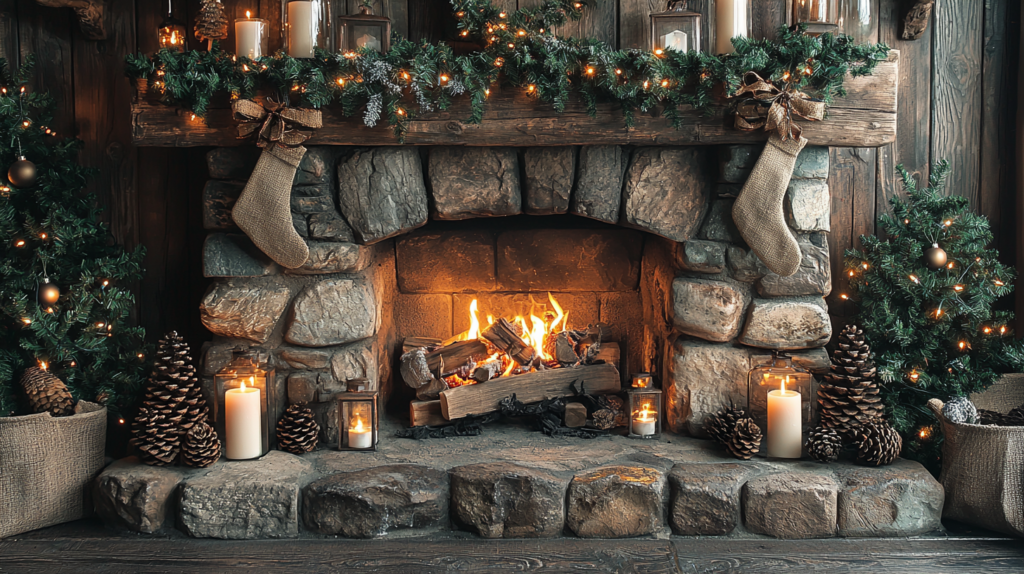 cozy country burlap fireplace mantel