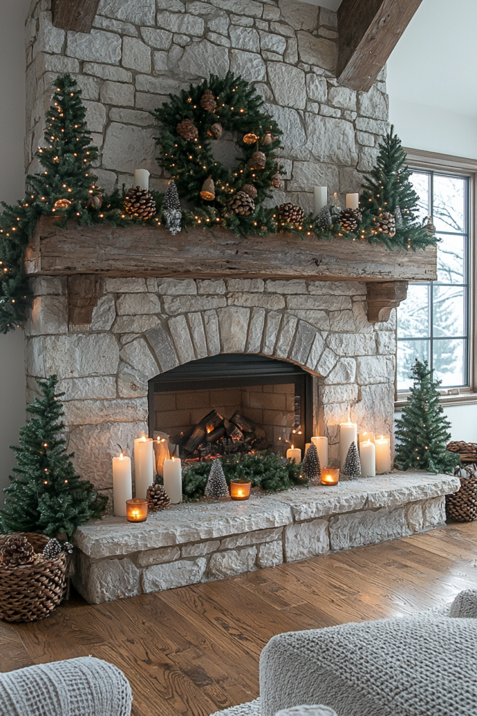 fireplace manel decorated in rustic greens