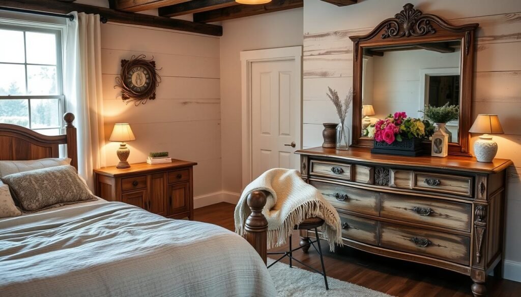 bedroom with rustic vintage farmhouse decor