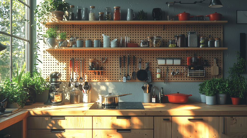 a pegboard for organizing a tiny kitchen